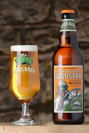 Brooklands Goldstar English Ale beer bottle with half pint beer glass - Brooklands Gold Star X 12 - Hogs Back Brewery