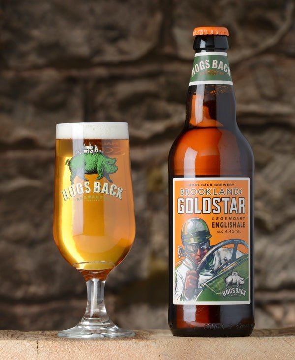 Brooklands Goldstar English Ale beer bottle with half pint beer glass - Brooklands Gold Star X 12 - Hogs Back Brewery