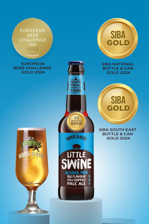 Little Swine Alcohol Free Pale Ale Bottled Beer with half pint glass and gold medal awards - Little Swine Alcohol Free x12 - Hogs Back Brewery