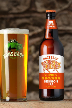 Surrey Nirvana Session IPA beer bottle with pint beer glass