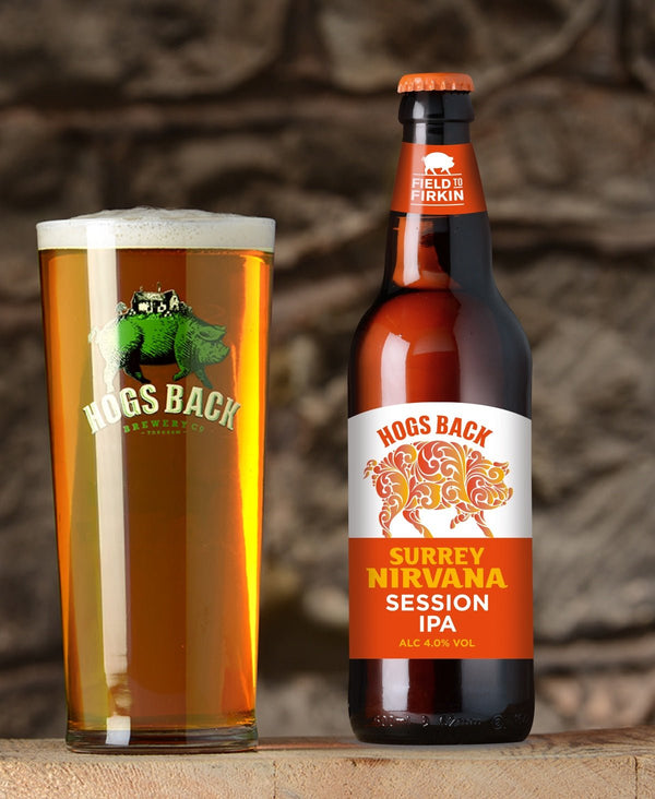 Surrey Nirvana Session IPA beer bottle with pint beer glass